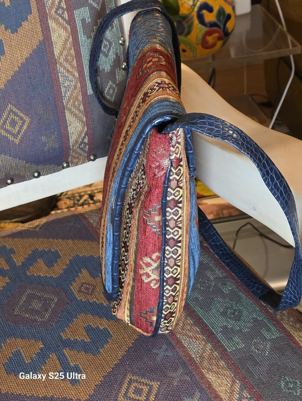 Vintage Armada Turkish Kilim Tapestry Crossbody Bag Vegan Leather Trim Boho EUC - Picture 9 of 15